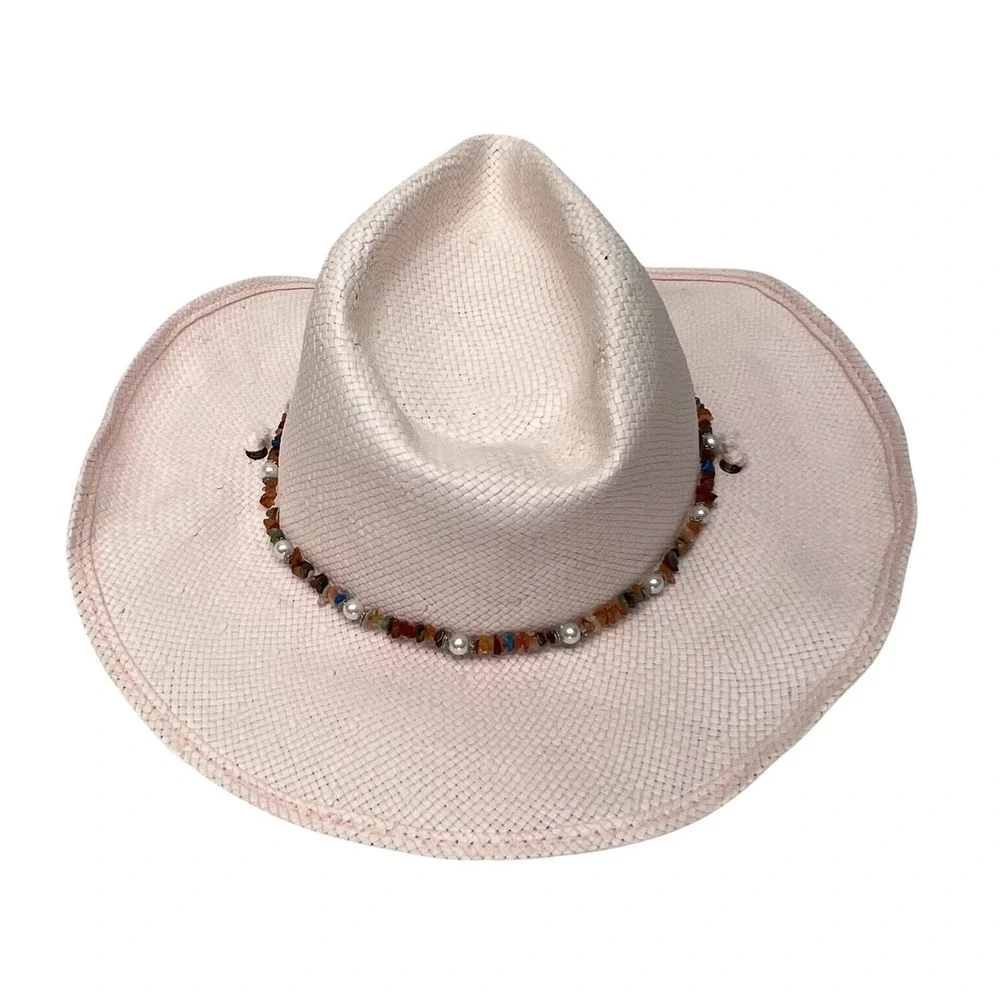 Scala Women's Pink Cowgirl Western Straw Hat Pearls & Stones & Wire Brim Sz S/M